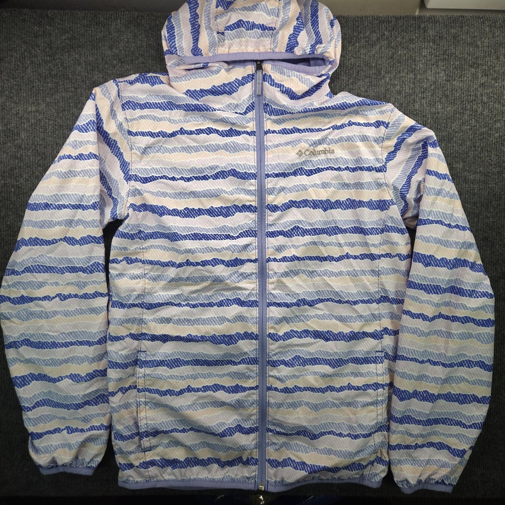 Columbia Jacket Kids XL 18/20 Purple Blue Stripe Polyester Hooded Windbreaker